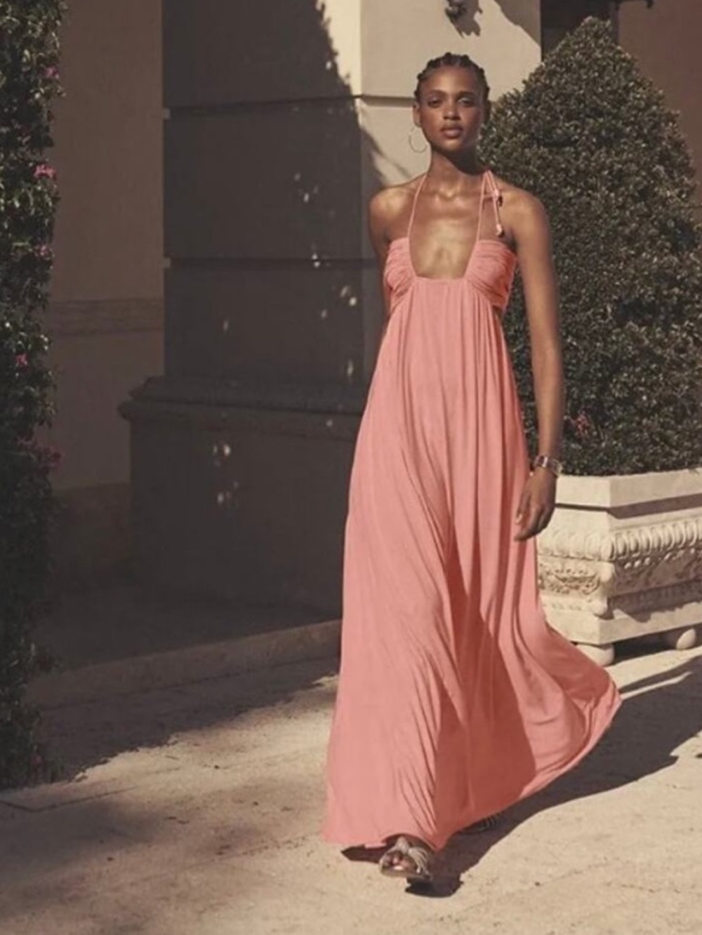STAUD Colorblock Kanha Reversible Mesh Maxi Halter Dress in Pink / Peach